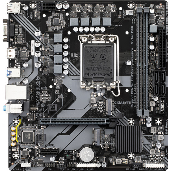 Материнская плата Gigabyte B760M H DDR4 (rev. 1.0) (mATX, B760, 2хDDR4, 2хM.2, 2хPCIe, 1хHDMI, 1xD-Sub, 6xUSB)